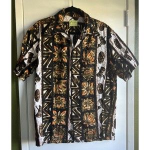 Vintage 60s Ui Maikai Hawaiian Aloha Shirt Floral Tiki Masks Drums Large